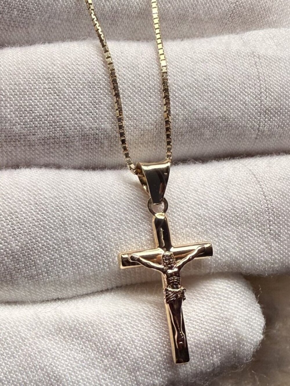 14K Two Tone Gold Crucufix Pendant With 0.8mm Box Chain - 24 inch